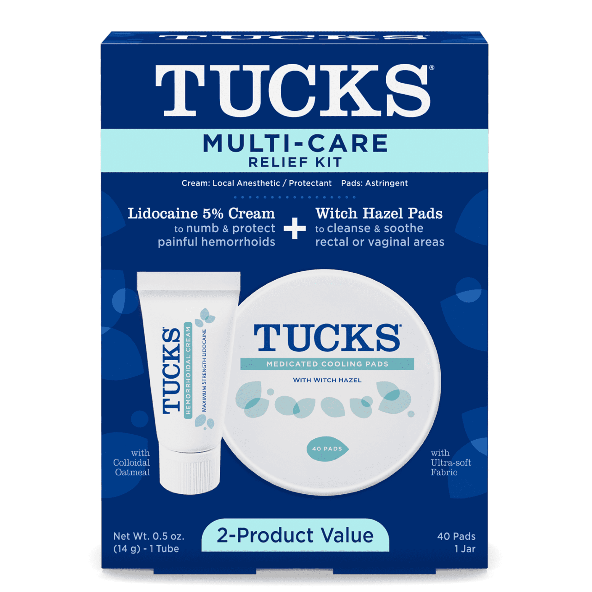TUCKS Hemorrhoid Relief Kit with Lidocaine Cream and Witch Hazel Pads, 40 Count