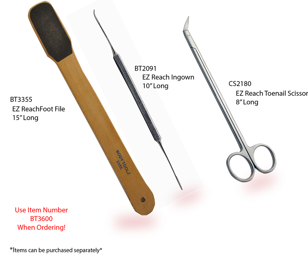 Body Toolz EZ Reach 3 Pack Callus Foot File, Ingrown Toenail File  & Long Handle Toenail Scissor Great for Seniors & Limited Mobility.