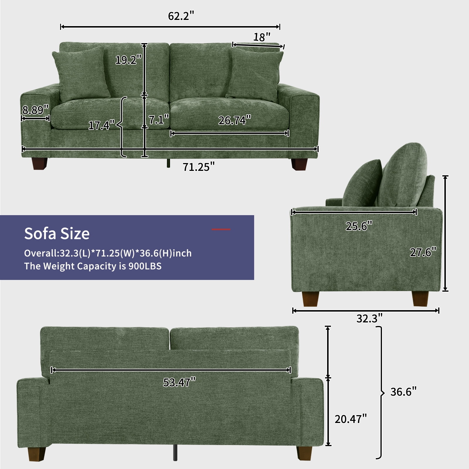 71.25" Modern Loveseat Sofa for Living Room with Removable Sofa Cushion and Detachable Sofa Cover, Small Sofa for Small Space(Green)