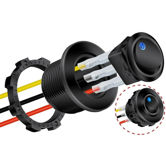 Round Rocker Switch Shell 12V Lighted 3 Pin with Blue LED 12 Volt DC Rocker Toggle Switch for Automotive Car Truck ON Off 20A SPST