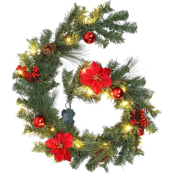 6ft Christmas Decorations Christmas Garland with Red Poinsettia - Winter Wreath Artificial PVC Pine Garland for Mantel Stair Indoor Outdoor Xmas Holiday Decor