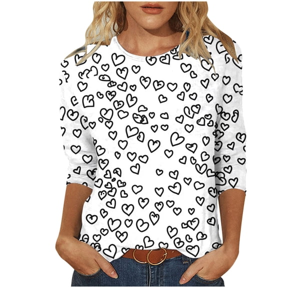 Turilly Womens 3/4 Sleeve Tops Fashion Ladies Floral Printed T-Shirt 3/4 Sleeves Blouse Round Neck Casual Top White L