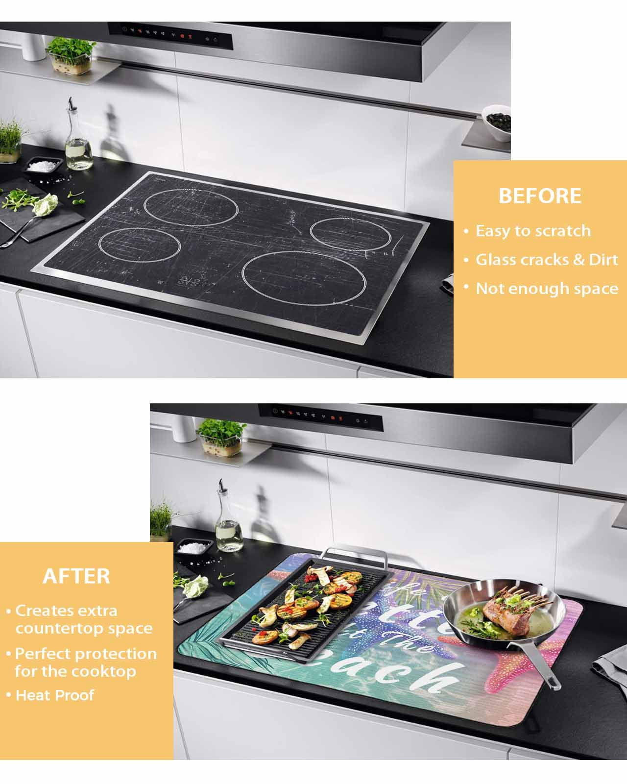 nqOlkjepod Large Induction Cooktop Protector Mat 28.5"x20.5", Summer Beach Starfish Stove Top Covers for Electric Stove, Vintage Romantic Palm Leaves Stove Burner Cover Mats, Glass Top Stove Cover