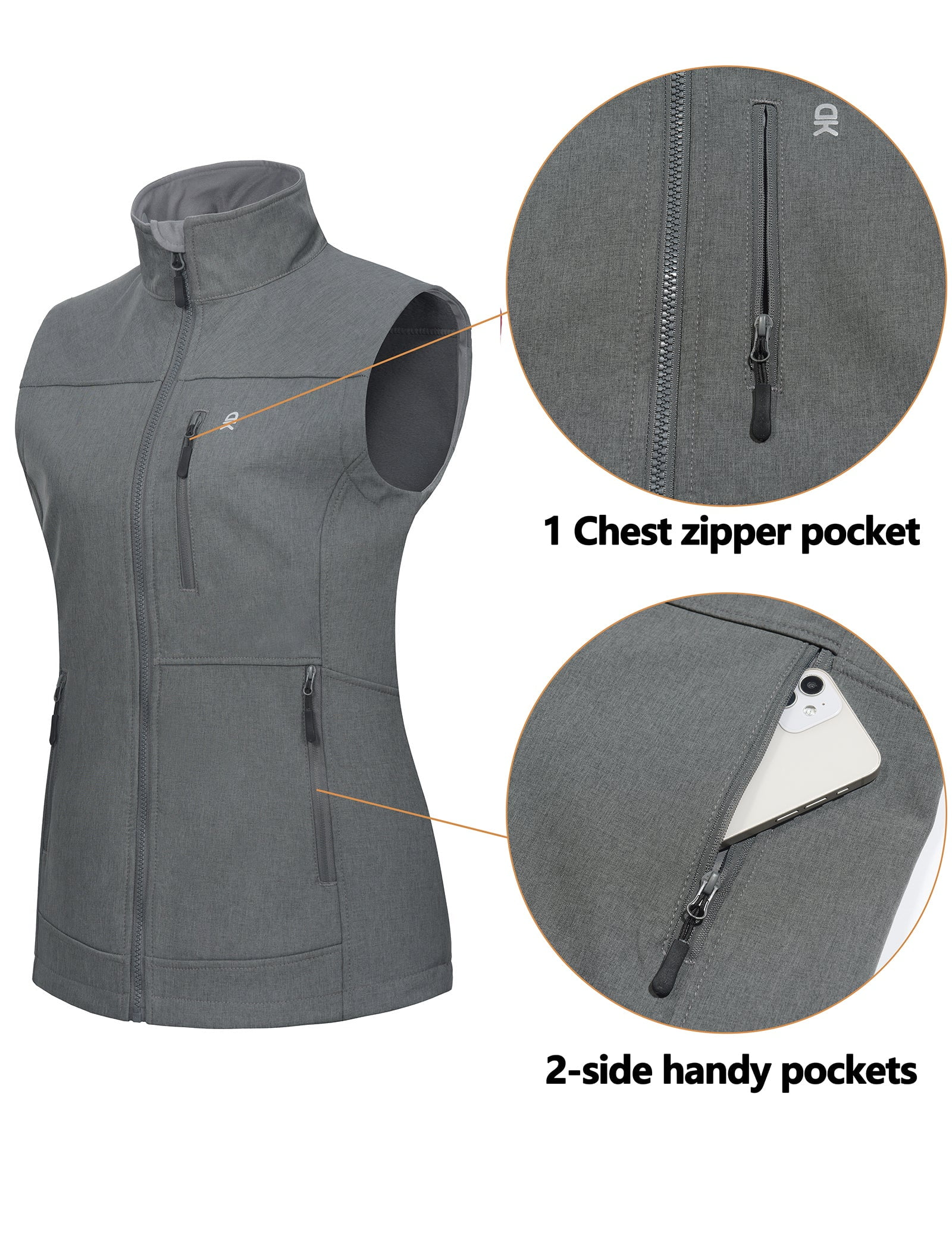 Little Donkey Andy Lightweight Softshell Vest for Women Fleece Lined Outerwear Zip Up Sleeveless Casual Windbreaker Jacket for Golf Hiking Running Jogging Outdoor Travel, Grey, X-Small