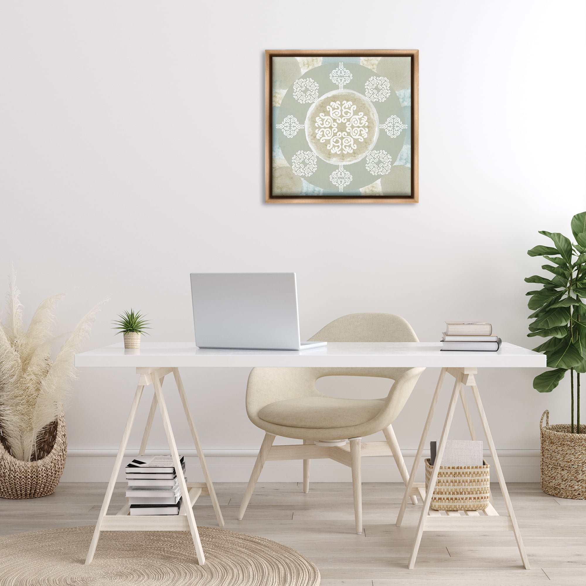 Stupell Industries Mint & Beige Mandala Abstract Painting Brown Floater Framed Canvas Art Print Wall Art, 25 x 25