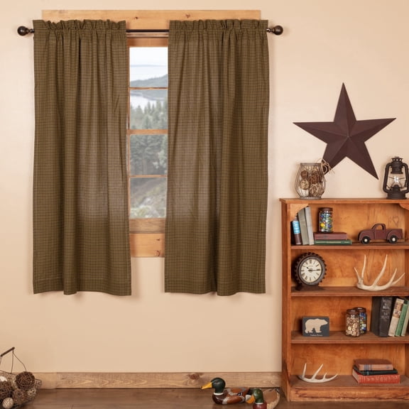 VHC Brands Tea Cabin Rustic 63"x36" Green Plaid Panel Pair Rod Pocket Cotton Tie Back(s) Window Curtains