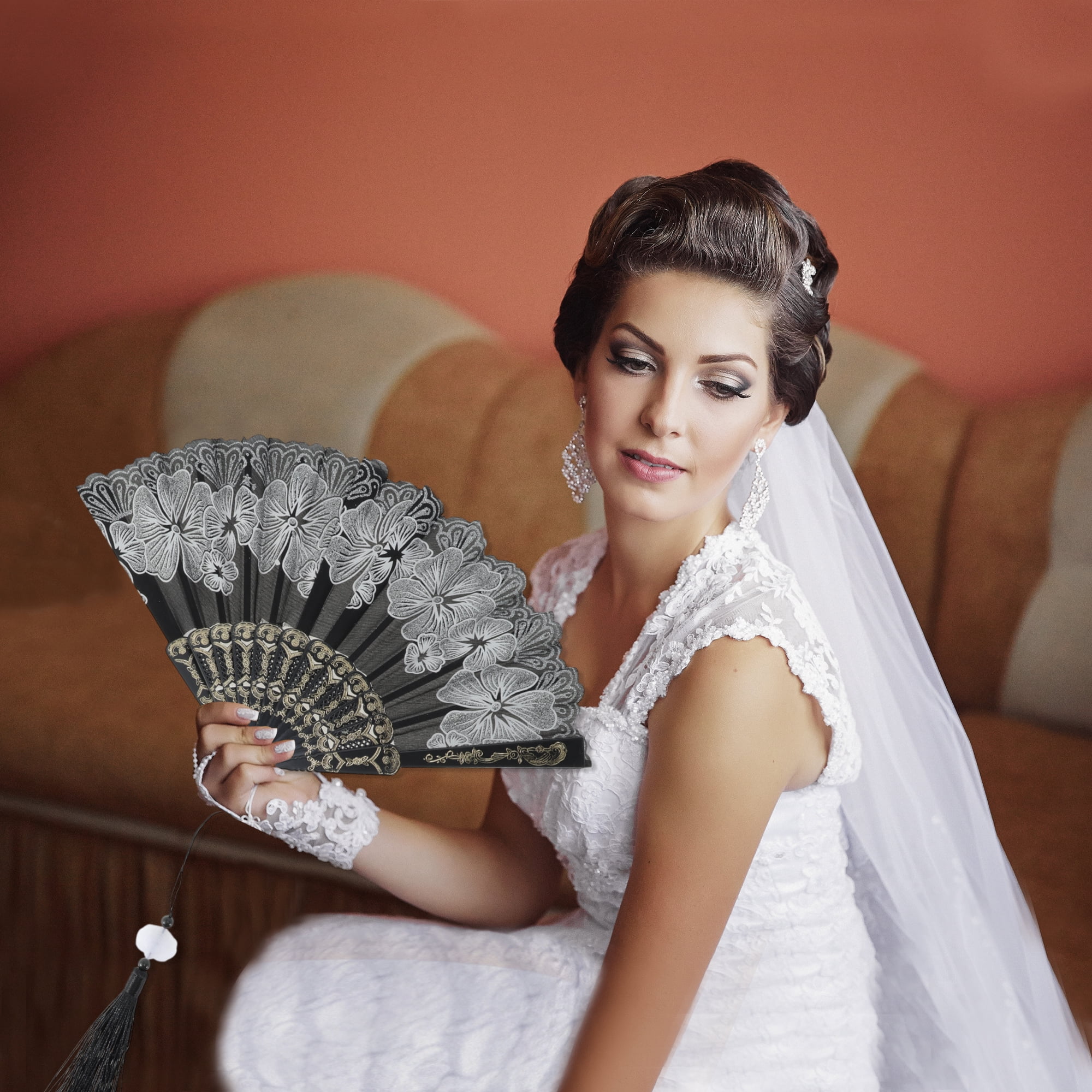 Unique Bargains Rose Lace Folding Fan with Tassel for Weddings and Parties in Silver Tone, 1 Pc