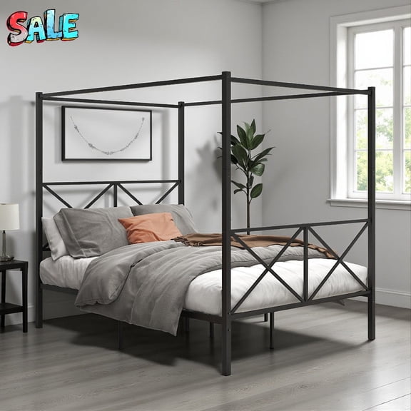 Tcbosik Queen Size Metal Canopy Bed Frame, Heavy Duty 500 lbs Capacity, Noise-Free Platform with 12.4" Under Bed Storage, Easy Assembly, Vintage Style, Black