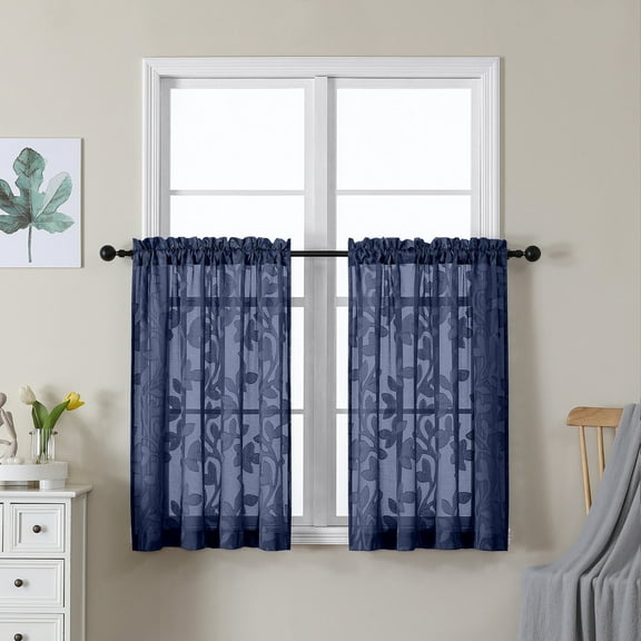 OVZME Darla Navy Blue Short Sheer Curtains 36 Inch Length 2 Panels, Light Filtering Soft Small Window Curtains with Rod Pocket, Textured Farmhouse Curtains for Bedroom Living Room, Each 42Wx36L Inch