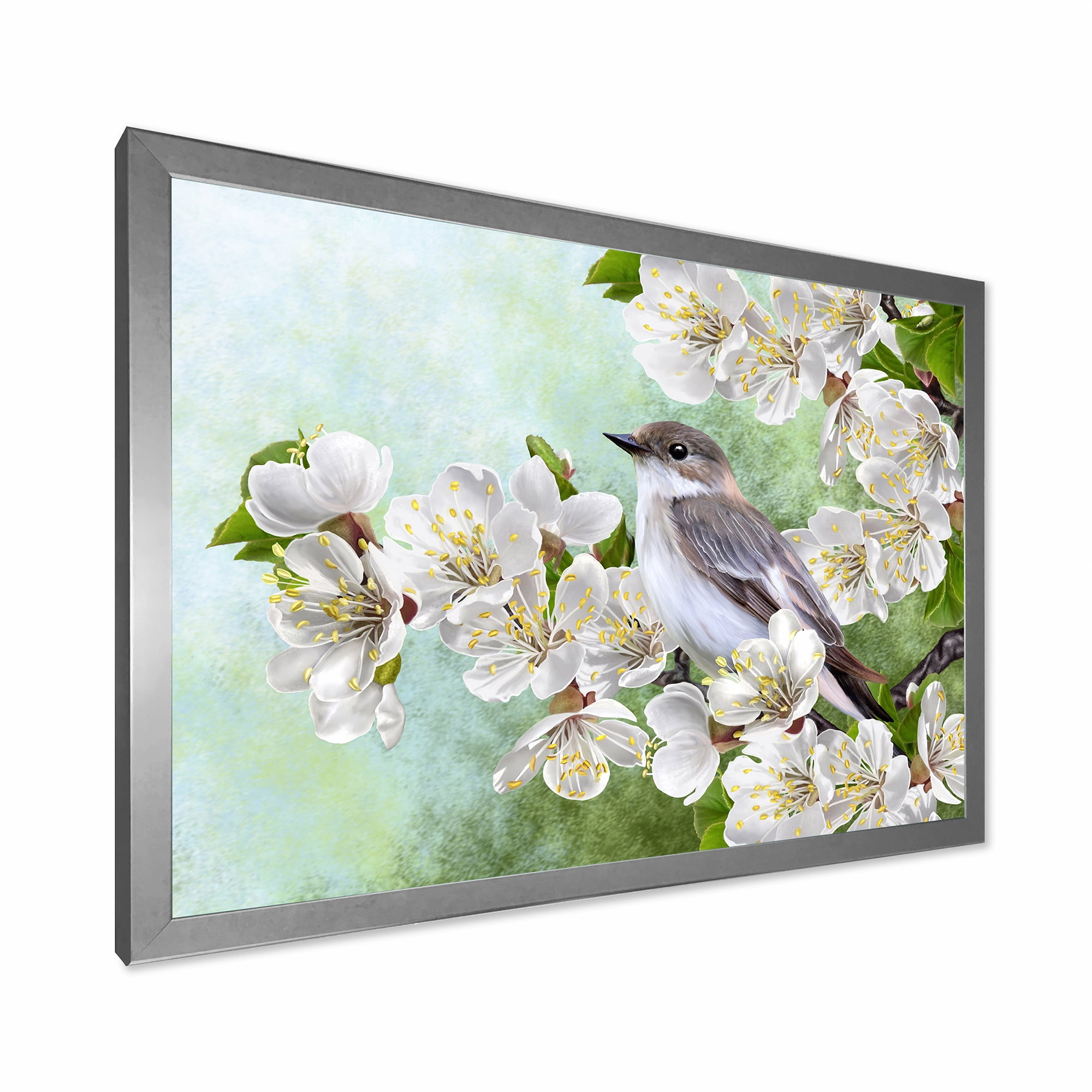 Designart 'Gray Bird Sitting On A Branch of A Blossoming Tree' Traditional Framed Art Print