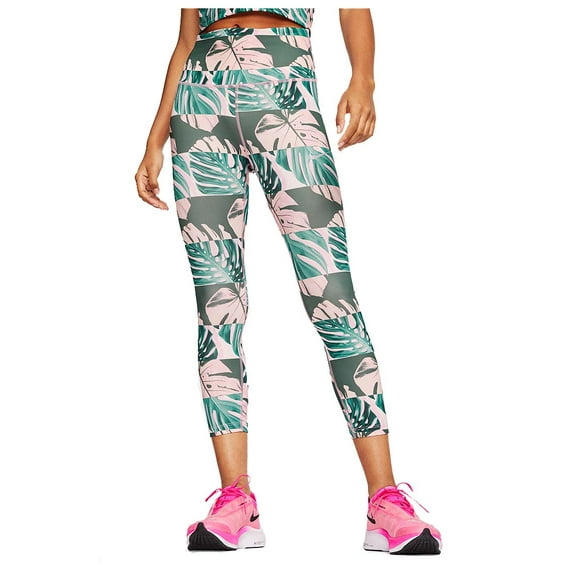 Nike Women's Printed Botanical Fast Crop Running Legging (Pink/Green, Small)