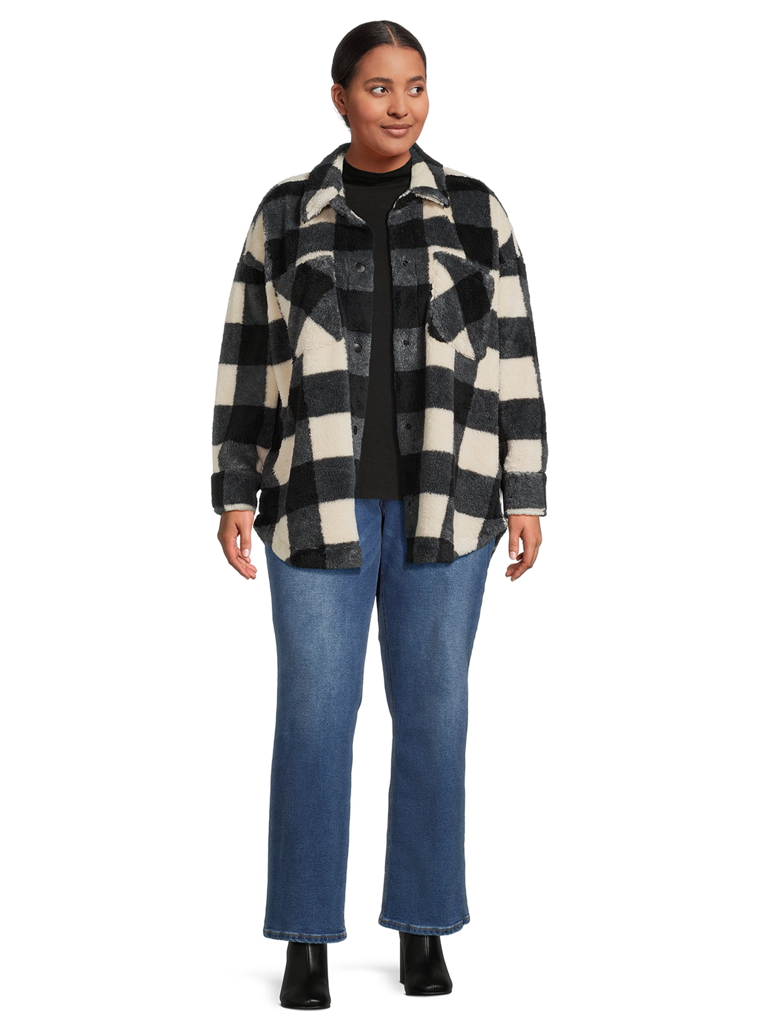 Terra & Sky Women's Plus Size Snap Front Faux Shearling Shacket