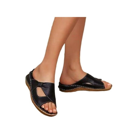

Woobling Ladies Slides Summer Wedge Sandals Slip On Beach Shoes Womens Slide Slippers Comfort Flat Sandal Platform Orthotic Black 5.5