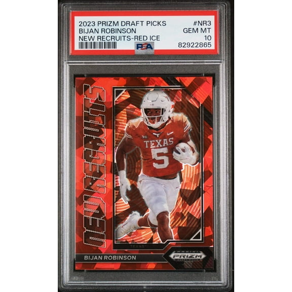 Graded 2023 Panini Prizm Draft Picks Bijan Robinson #NR3 New Recruits Red Ice Rookie RC Football Card PSA 10 Gem Mint