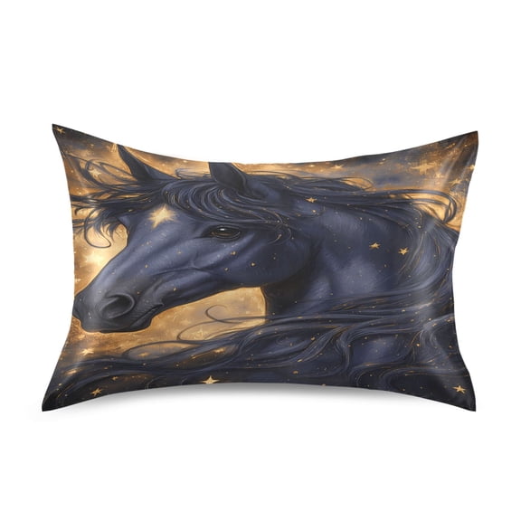 Satin Pillow Case Standard Silk Pillow Cover for Hair and Skin Envelope Closure Black Horse with Stars 20"x26"