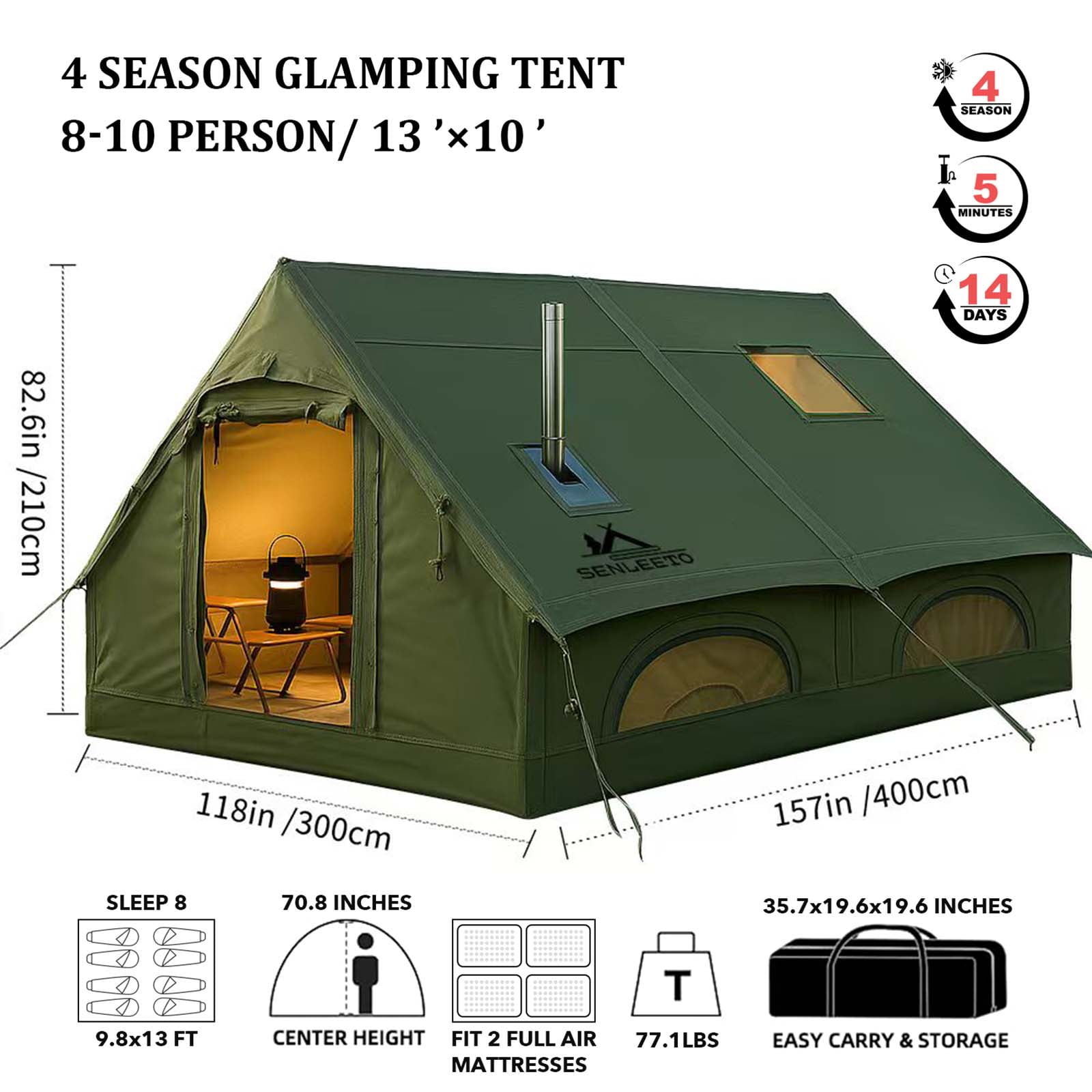 Inflatable Camping Tents 8-10 Person,129 Square Feets Large Inflatable Camping Tent with Stove Jack,Blow up Tent with Mesh Windows & Pump