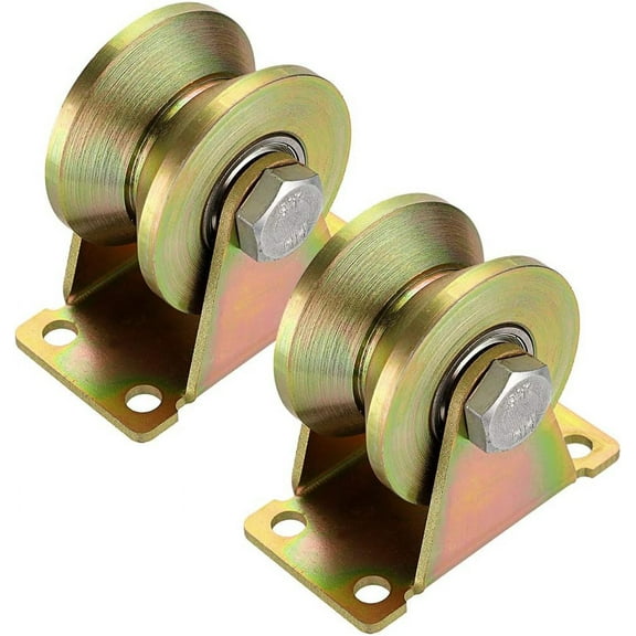 Pack of 2 2" V-Groove Wheels, Heavy Duty Rigid Casters for Inverted Track, Rolling Gate, Industrial Machine Carts, Wire Rope Rail