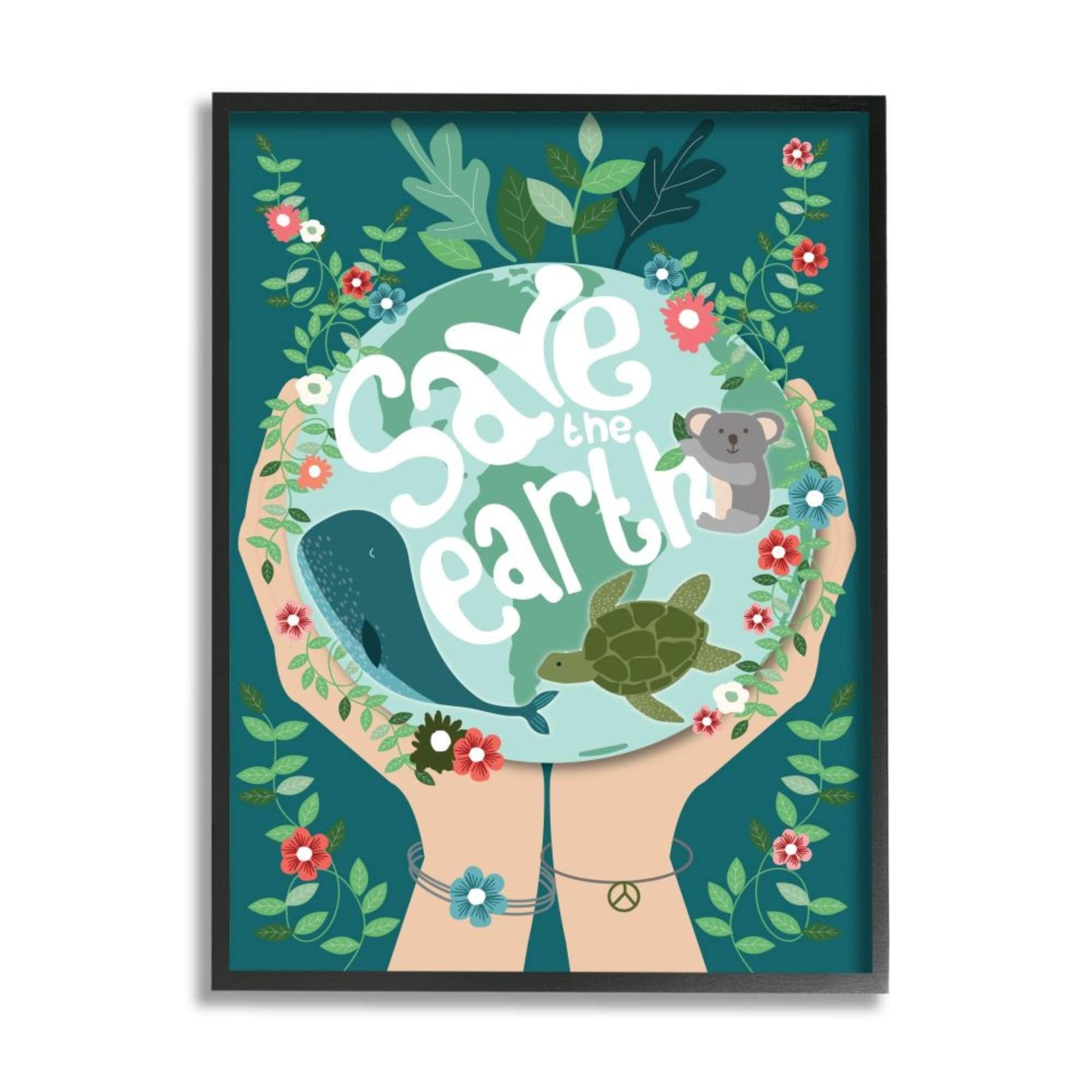 Stupell Industries Save the Earth Quote Whale Turtle Koala Animals Design by Hannah Heemsbergen