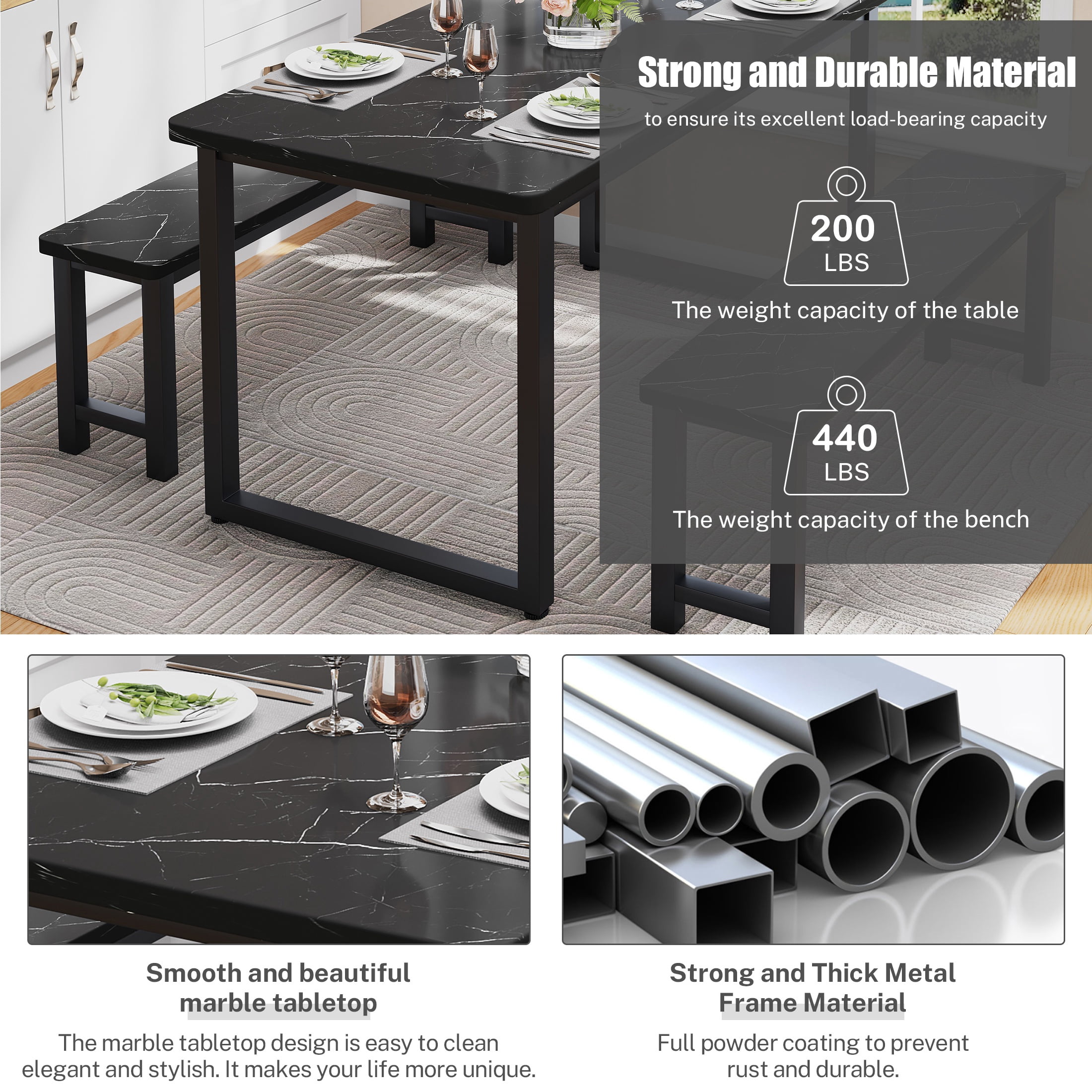 PAPROOS Dining Table Set for 4, 3-Piece Kitchen Table Set with 2 Benches, Dining Room Table Set with Metal Frame, Breakfast Nook Furniture Set for Home Cafeteria Bar Dining Room, Black