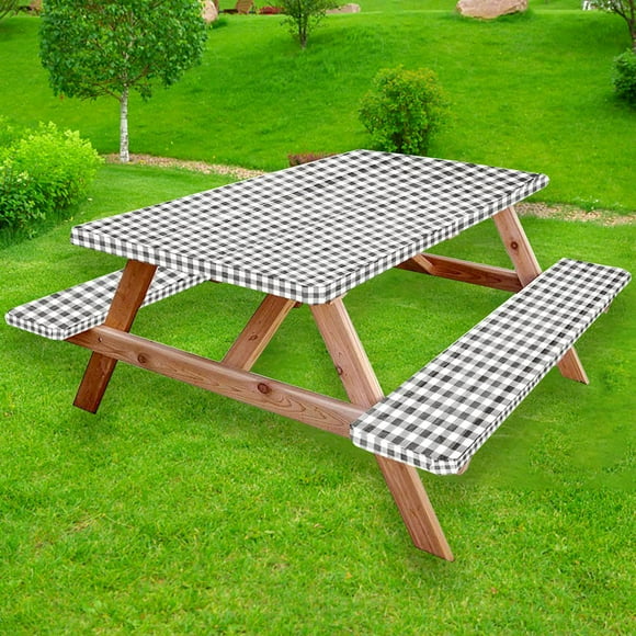Vinyl Fitted Picnic Table Cover with Bench Covers  Checkered Design  Waterproof Elastic Edge 6ft Rectangle Tablecloth with Flannel Backing  for Picnic/Camping/Outdoor(30x72 in 3-Piece Set