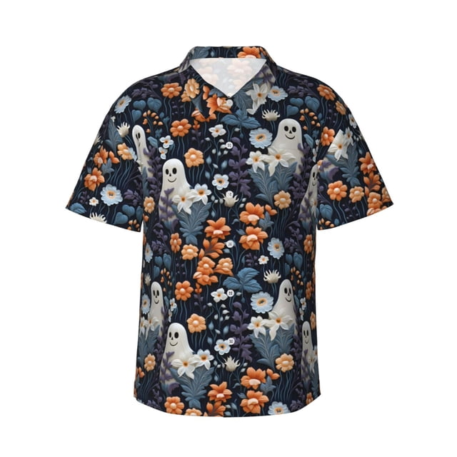 Fotbe Cute ghost in the flowers Camisa Hawaiana para Hombre Unisex – Camisa Casual de Verano con Botones de Manga Corta de Algodón y Lino,Large