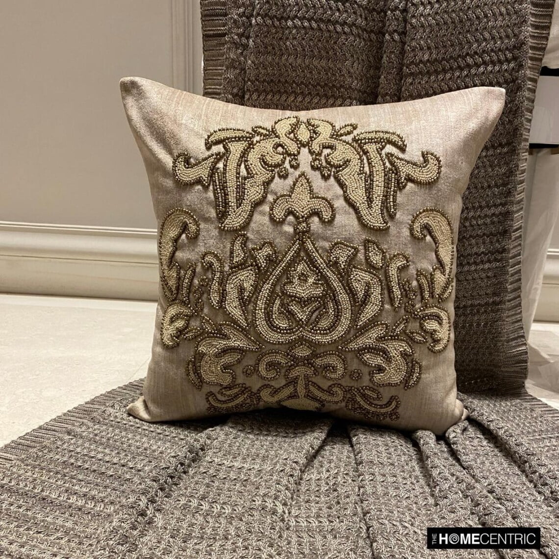 The HomeCentric Pillow Case Shams, Decorative Gold Pack of 2, 26x26 inch (65x65 cm) Throw Pillow Covers, Velvet Beaded, Damask & Foil Throw Pillows For Sofa, Abstract Victorian Style - Aureate Ivory