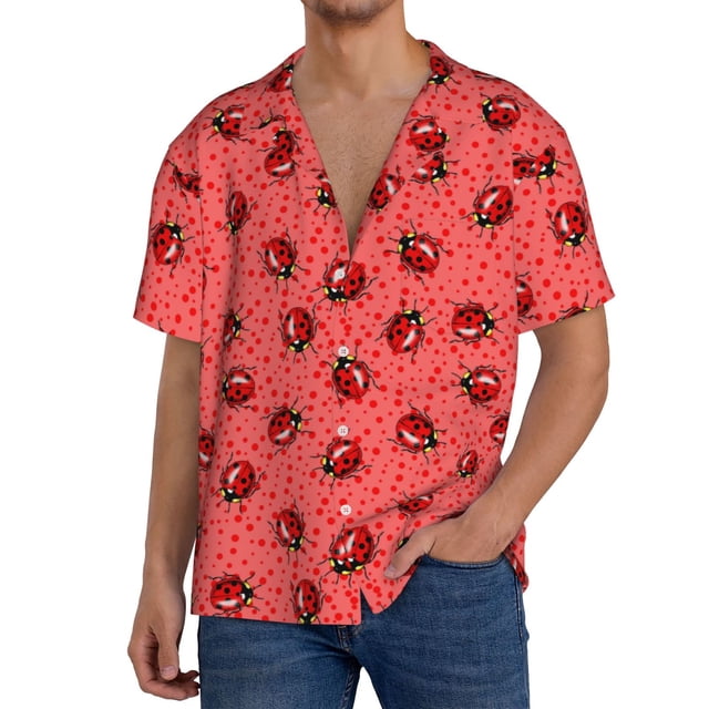 Balery Ladybugs On Red Polka Dot Camisa Casual de Manga Corta con Botones para Hombre, Texturizada, Estilo Cubano, para Playa, Verano-X-Large