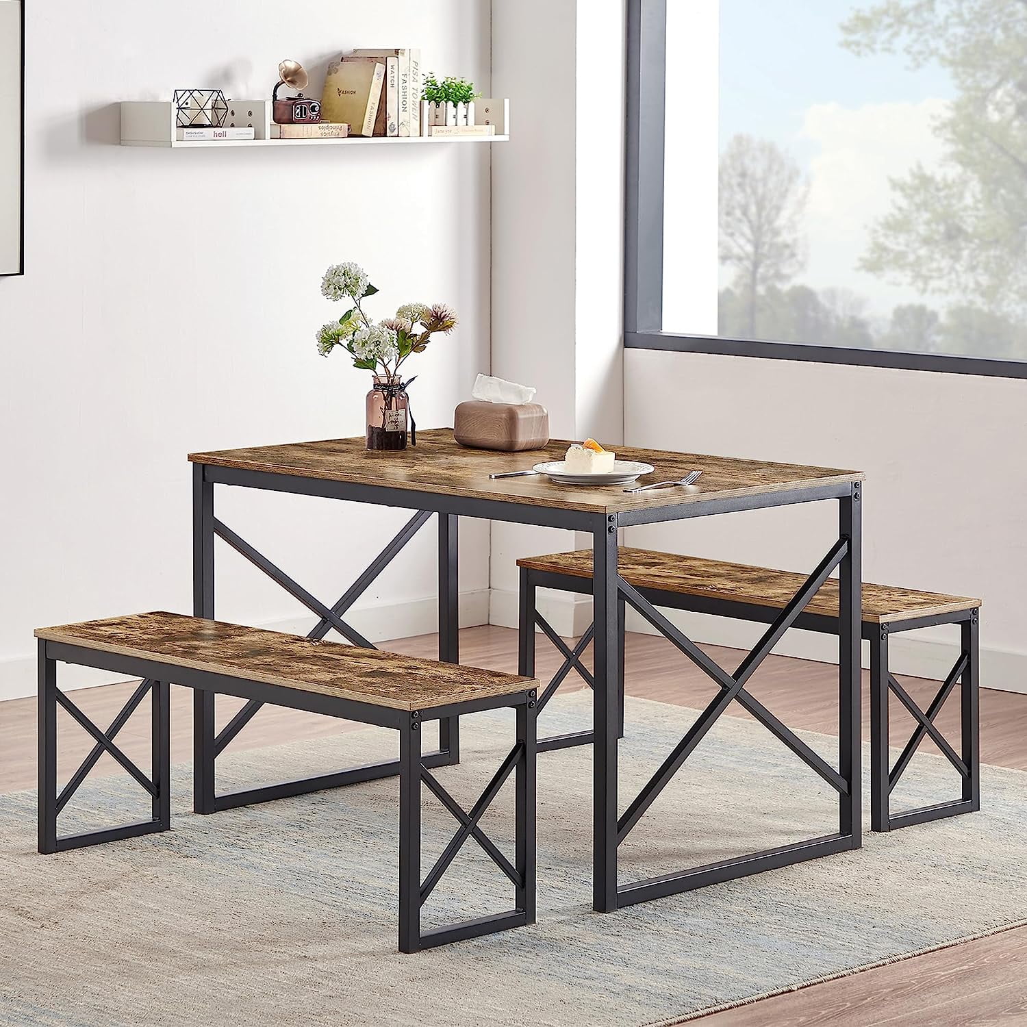 IDEALHOUSE Kitchen Table With Benches Set For 4-6 – 55 Inch Black Rectangular Dining Table & 2 Benches, Sturdy Metal Frame – Space Saving For Small Apartments