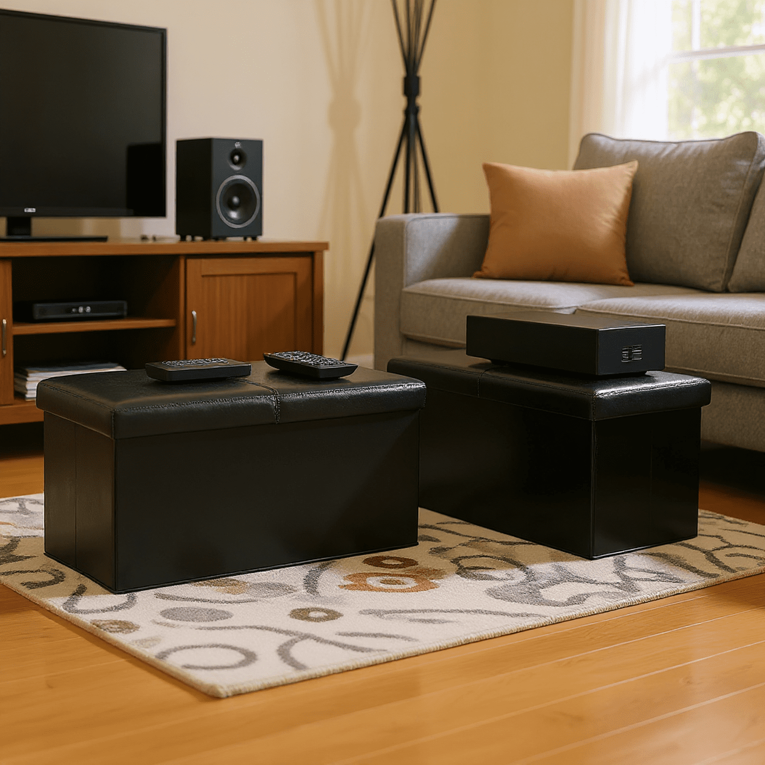 Homy Casa Folding Set of 2 Media Storage Seat – Stylish Storage for Remotes, Records, and Cables