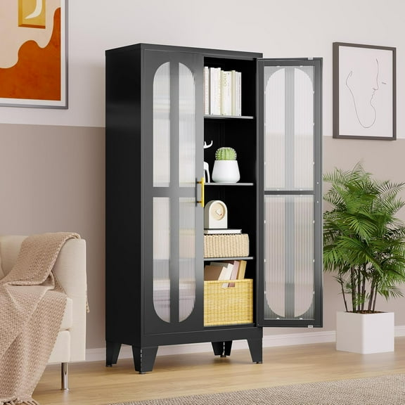Kitchen Pantry Cabinet, 61" Tall Metal Storage Cabinet with 2 Glass Doors and 3 Adjustable Shelves for Kitchen, Dining Room, Living Room, Home, Office (Black)