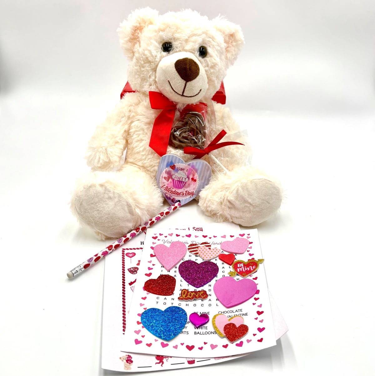 Valentine's Day Kids Gift Basket 14"Bear, Arts & Crafts, Stickers, Lollipop & Breakable Heart