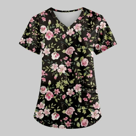

Yubatuo Women Plus Size Scrubs Top with Pockets V-Neck Short Sleeve Flower Print Work Blouse for Women Pink XL
