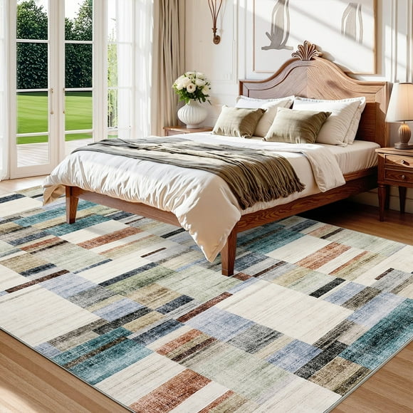 HOMERRY 9' x 12' Modern Geometric Plaid Area Rug for Living Room Non Slip Washable Carpet, Red