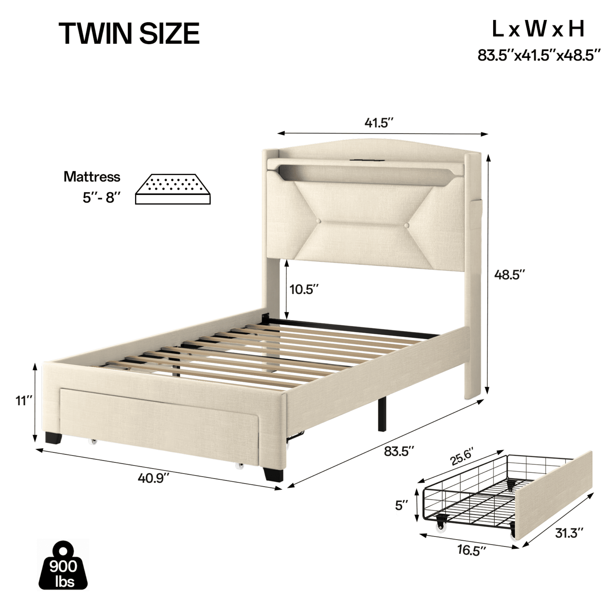 Gewnee Twin Size Upholstered Linen Bed Frame with Storage Headboard, Drawer & Charging Station, No Box Spring Needed,Beige
