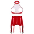 thumbnail image 4 of Conjunto de lencería sexy de charol con efecto mojado para mujer, cuello halter, espalda descubierta, busto abierto, copas abiertas, sujetador con cremallera, ligas, ropa de club, 4 of 5