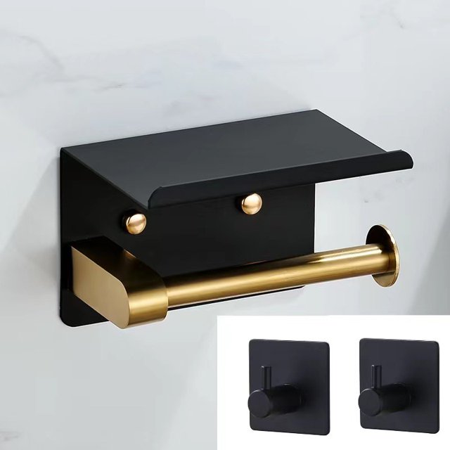 2 ganchos para toallas, portarrollos de papel higiénico de acero inoxidable montado en la pared (oro negro), adhesivo de doble cara sin taladro o montaje en pared con tornillos