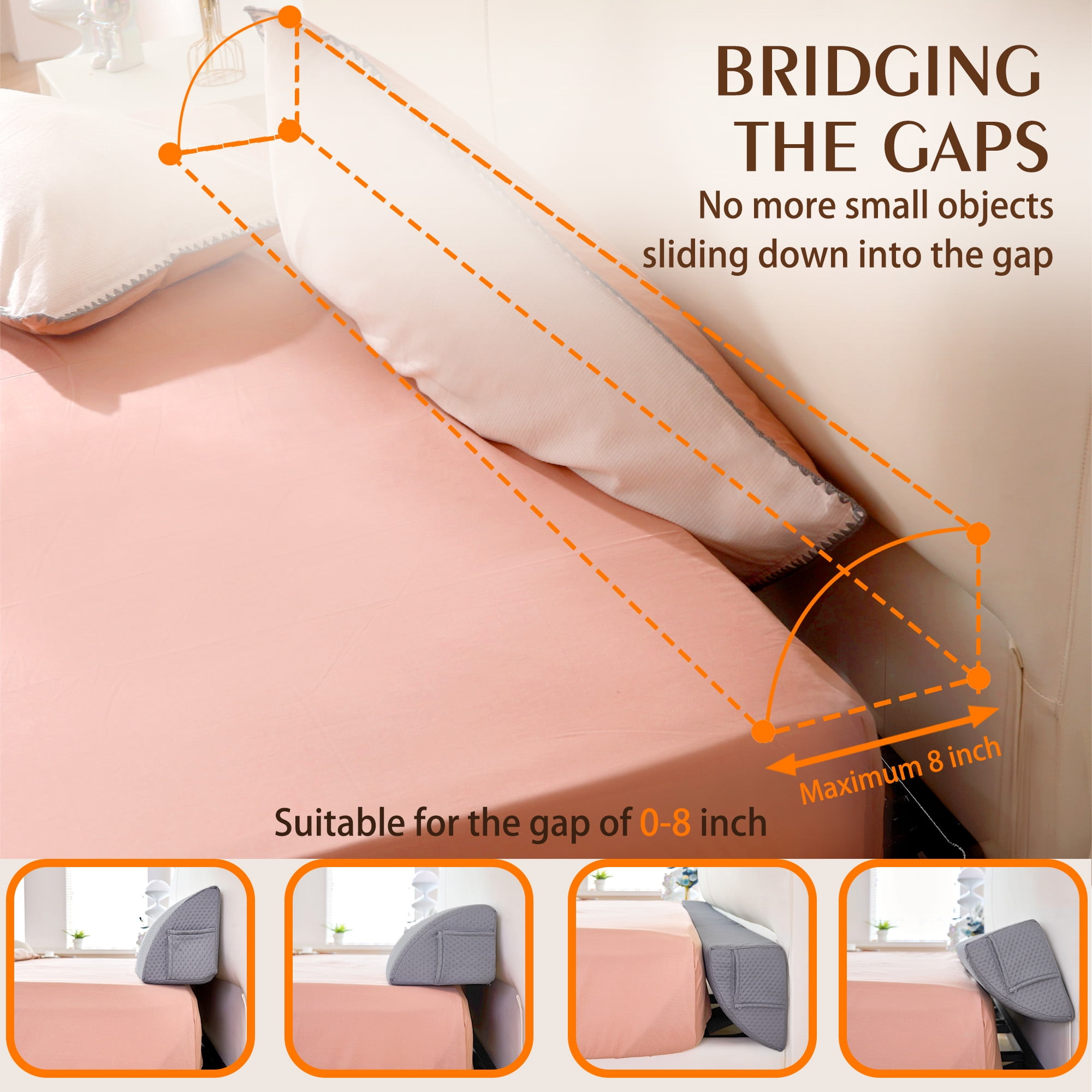 Jakoola Twin 39"x8"x6" Headboard Gap Pillow Bed Wedge Pillow Mattress Gap Fill for Headboard Bedside, Gray