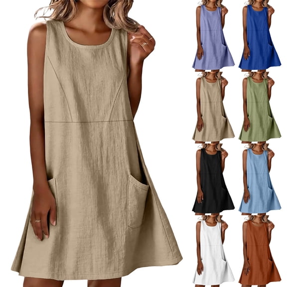 Horkkom Sleeveless Dress for Women Summer Tank Mini Dresses Casual Loose Beach Sundresses With Pockets L