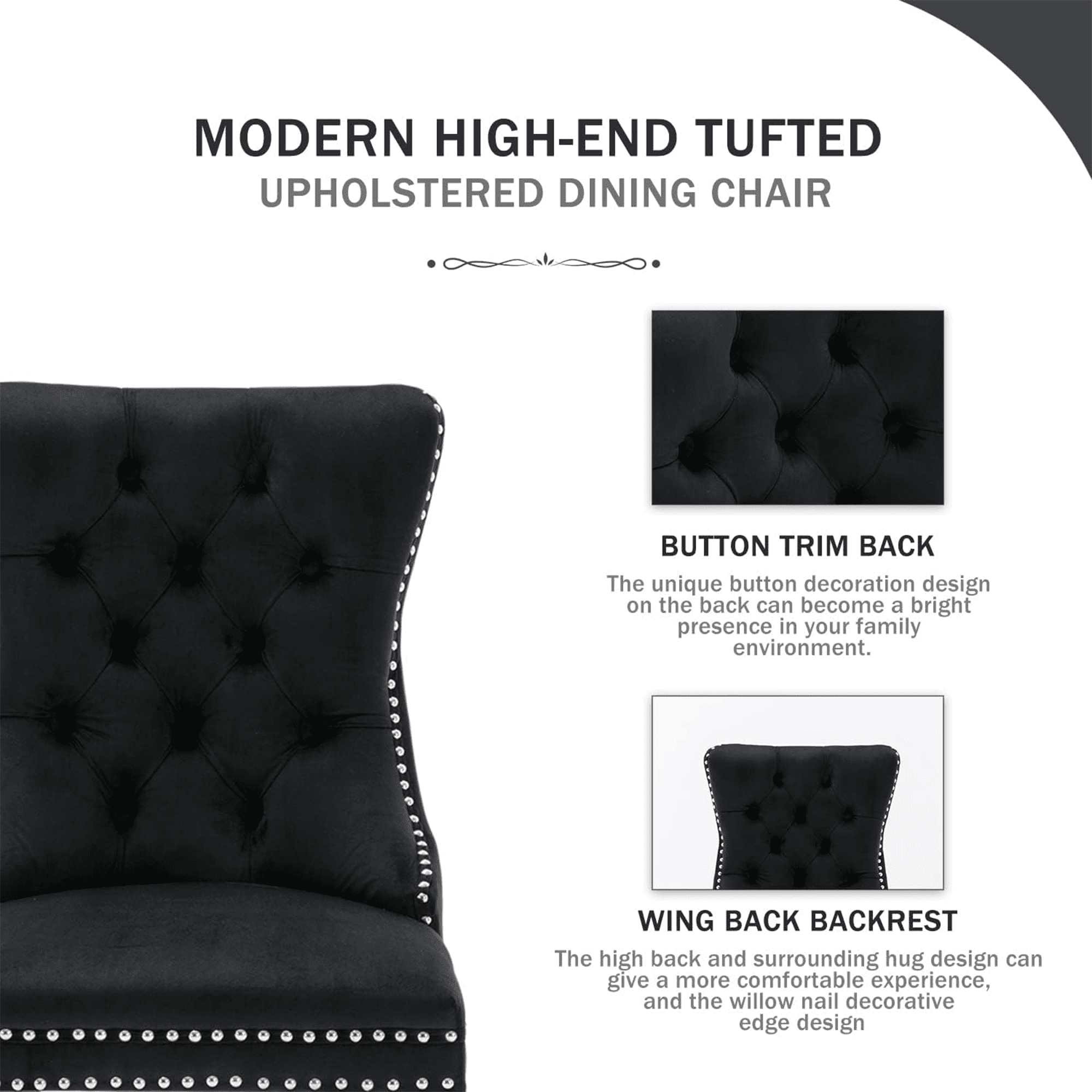 Paproos Dining Chairs Set of 2, Upholstered High-End Tufted Dining Room Chair with Back Ring and Nailhead Trim, Modern Velvet Kitchen Chairs with Solid Wood Legs for Kitchen, Home,Black