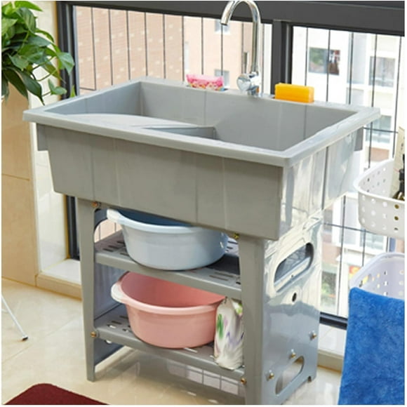 Plastic Sink, Freestanding Plastic Laundry Sink With Washboard, Indoor Outdoor Utility Sink, Utility Laundry Portable Handwashing Station, For Kitchen , RV, Garage, Garden ( Color : Gray , Size : Sing