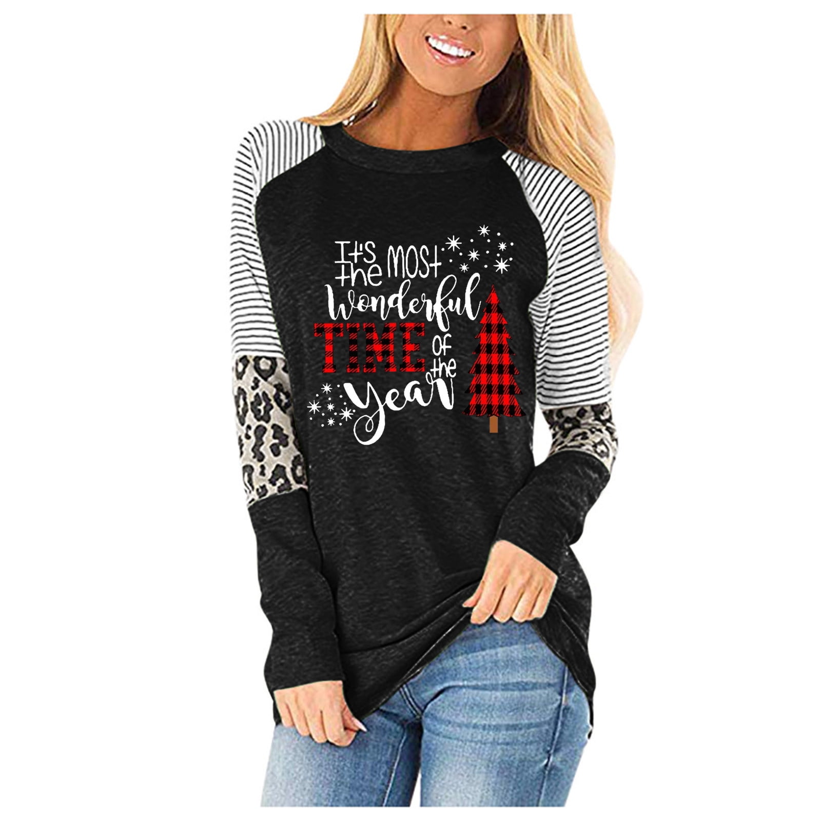 Merry Christmas Graphic T-Shirt Women Letter Printed Long 3/4 Sleeve Splicing Top 