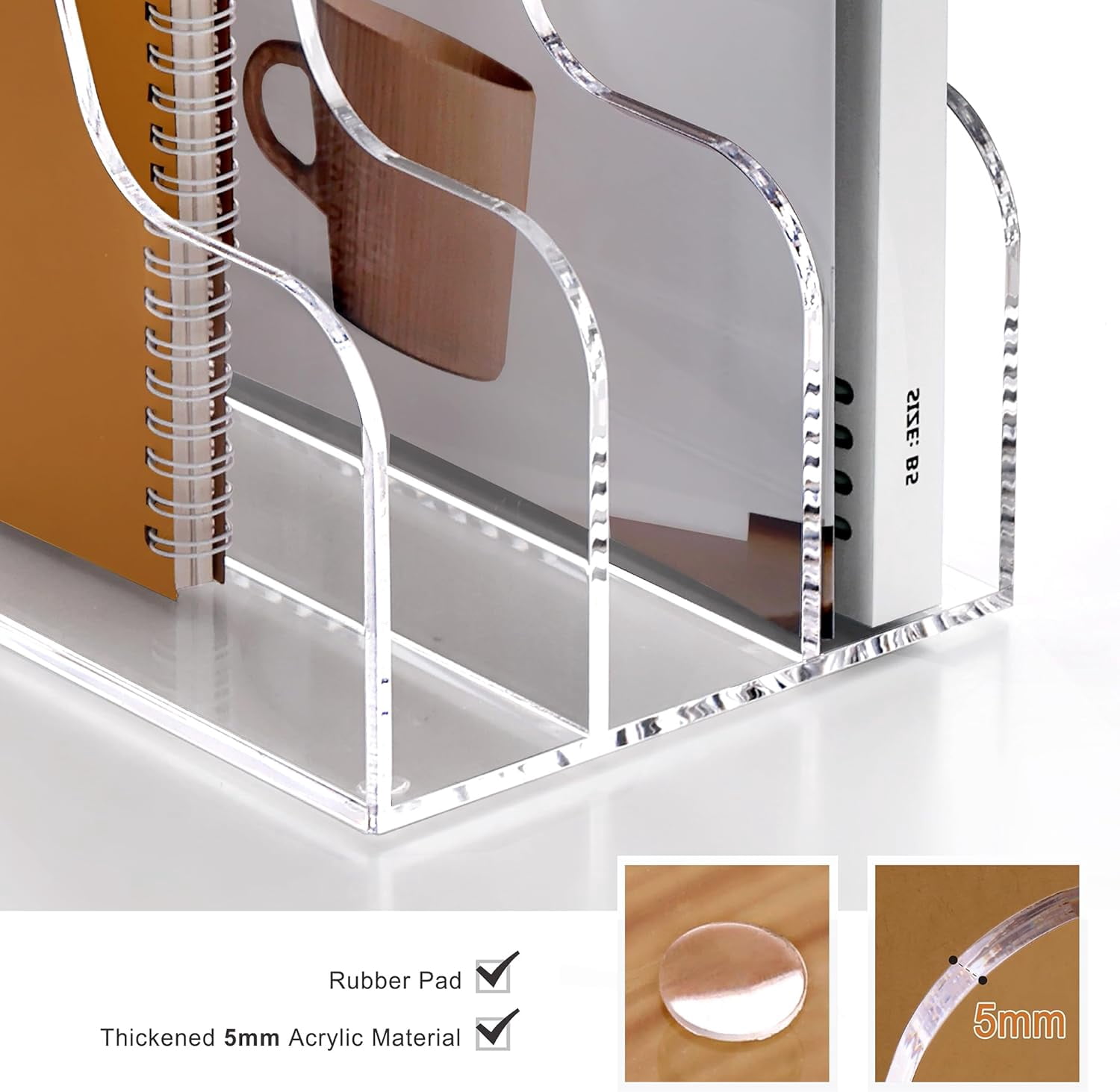 3 Slots Acrylic Magazine Holder, Desktop File Sorter Organizer Rack Bookshelf, Workspace Sorters Office Desk Accessories Organization Storage Stand, Clear