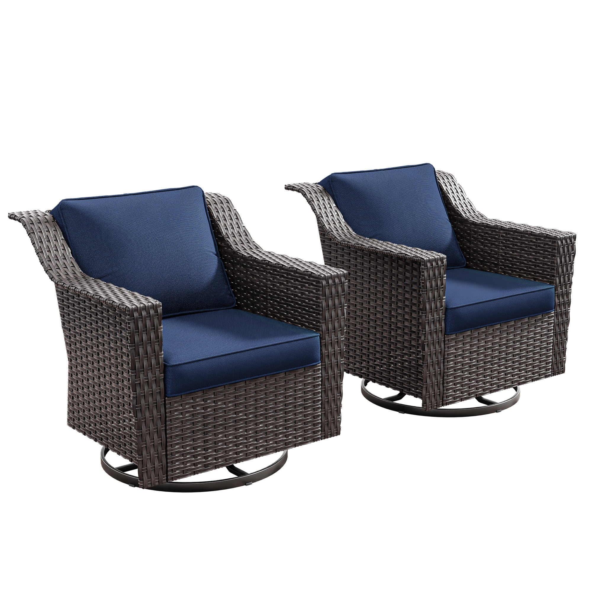 MeetLeisure Patio 2 Pieces Wicker Swivel Chairs Set, Outdoor PE Rattan Rocking Glider Armchairs with Water-Resistant Cushions & Washable Covers for Porch Balcony Sunroom, Dark Blue