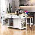 thumbnail image 5 of 48inch Large Kitchen Island With 2 Bar Stools, Power Outlet, Door Internal Storage Rack, Kitchen Storage Cart On 5 Wheels With Drop Leaf, 5 Open Side Racks, 2 Drawers,for Kitchen,Dining Room,White, 5 of 24