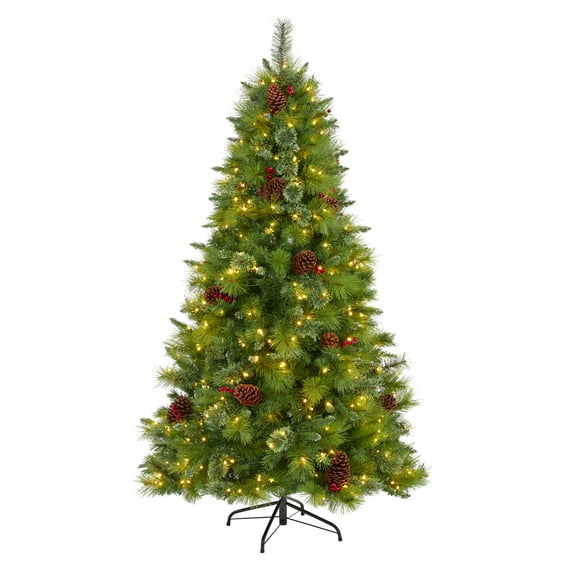 Nearly Natural 6ft. Montana Mixed Pine Artificial Christmas Tree with Pine Cones, Berries and 350 Clear LED Lights