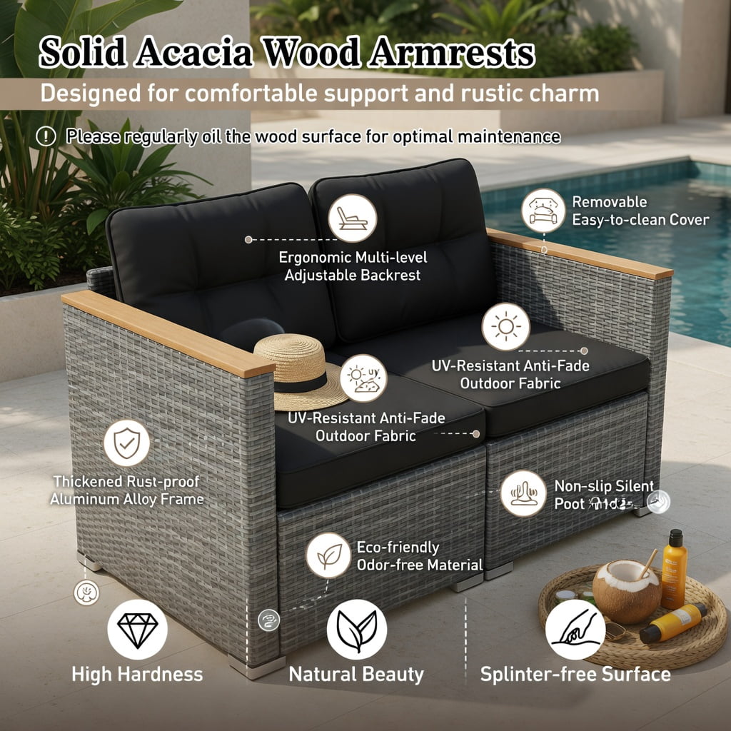 Hommoo 3-Seat PE Rattan Patio Sofa Set with Deep Seating, Removable Cushions & Acacia Wood Frame, Woven Outdoor Loveseat for Deck, Porch, Backyard, Black