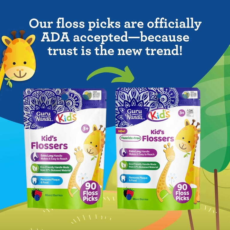 GuruNanda Kids Dental Floss Picks, Giraffe Shaped, 90 Count