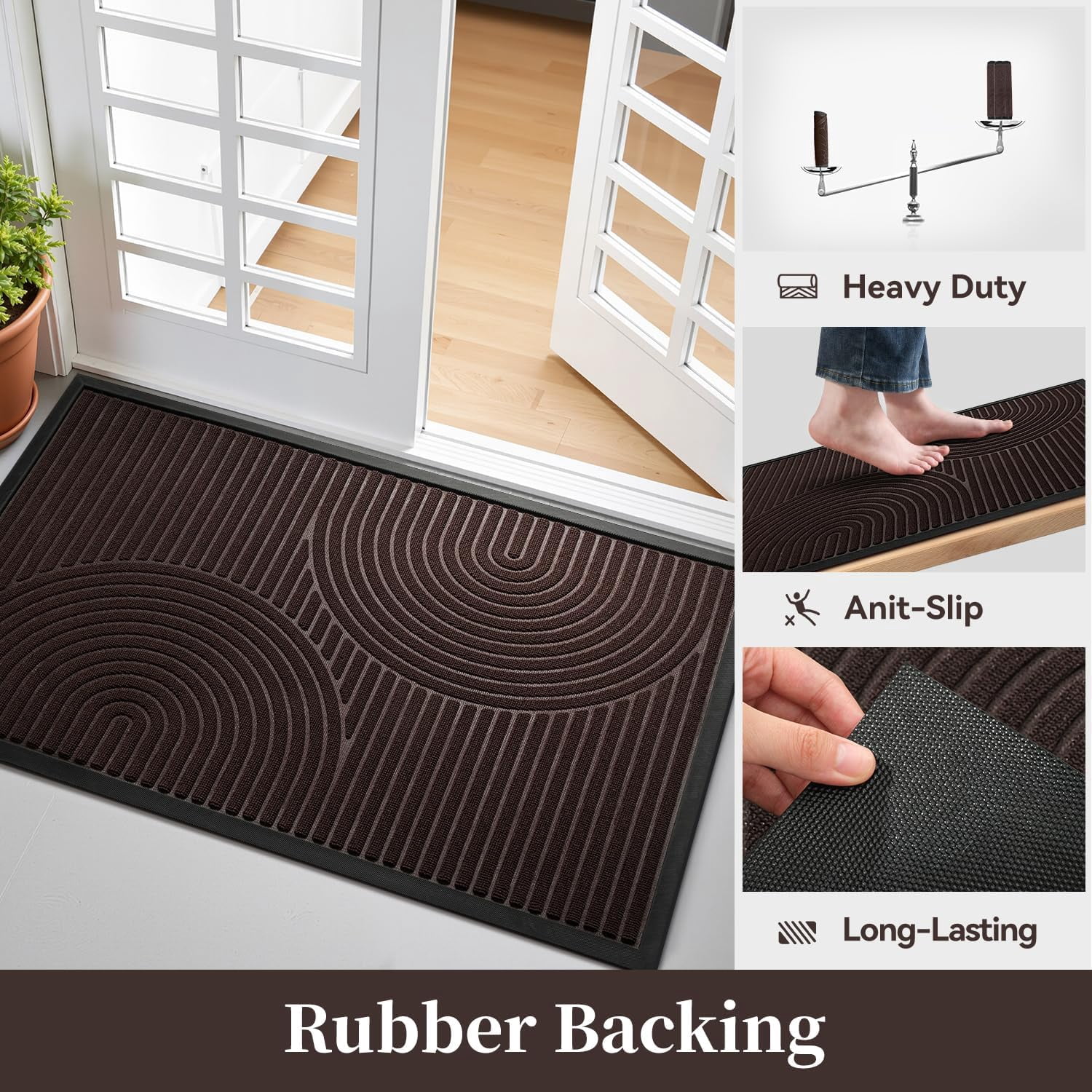 SIXHOME Outdoor Mat 24"x35" Non Slip Front Door Mat Outside Absorbent Rubber Welcome Mat Low Profile Dirt Trapper Indoor Outdoor Doormat Boho Arch Door Mat Outside Thick Entryway Rug Brown