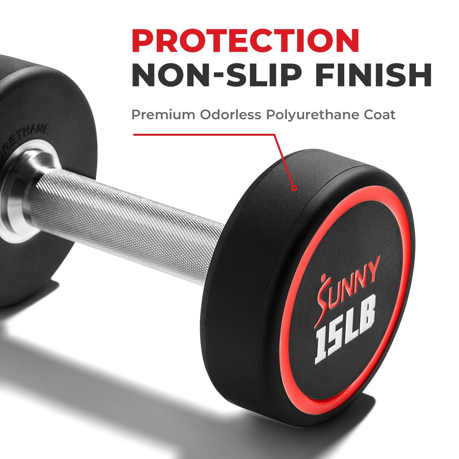 Sunny Health & Fitness Premium Polyurethane Commercial Grade Round Dumbbells 30LBS with Diamond Knurled Handle, Durable Strength Training Equipment for Home Gym, Single
