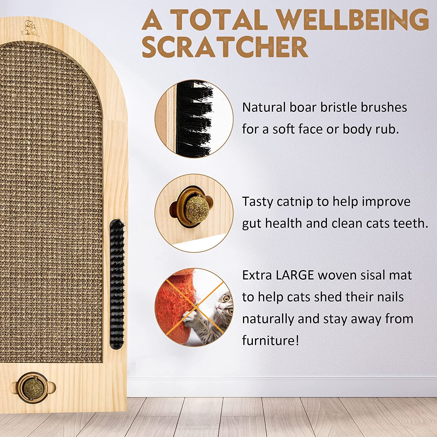 Large Wall-Mounted  Scratching Post with Natural Sisal Mat, Boar Bristle Brushes & Catnip Ball for Indoor Cats